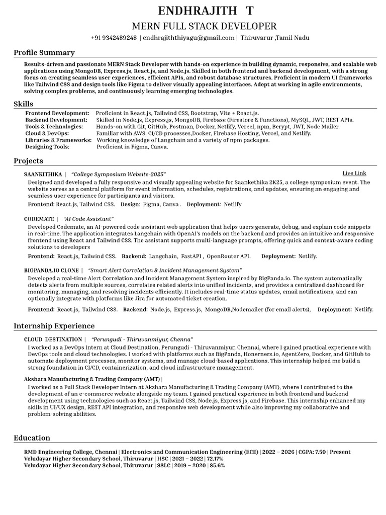 MERN Stack Developer Profile Summary | PDF | Computing | Software ...