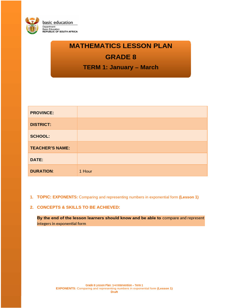 Grade 8 Exponents Lesson Plan | PDF | Exponentiation | Learning