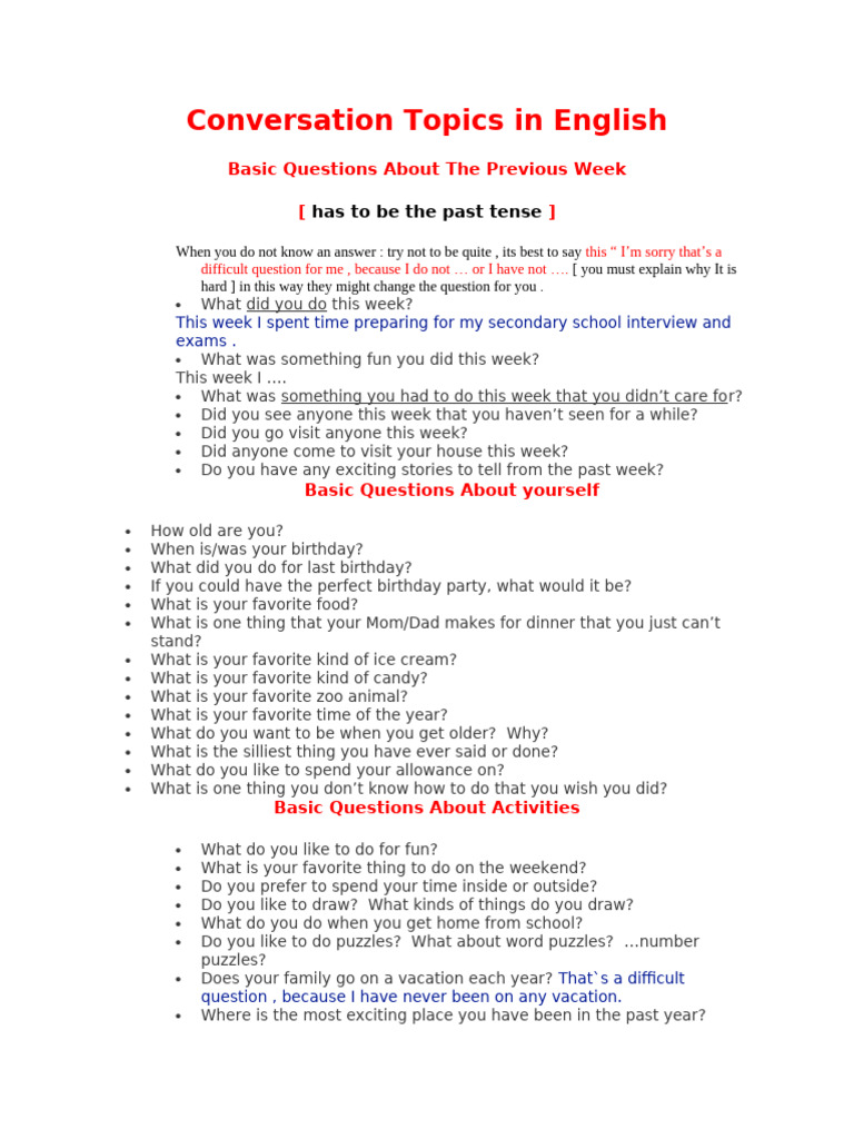 English Conversation Topics for Kids | PDF