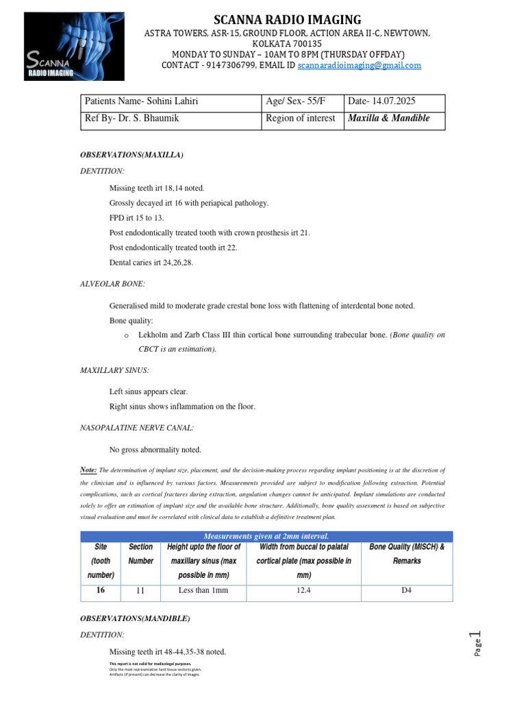 Maxillofacial CBCT Report for Sohini Lahiri | PDF | Dental Implant ...