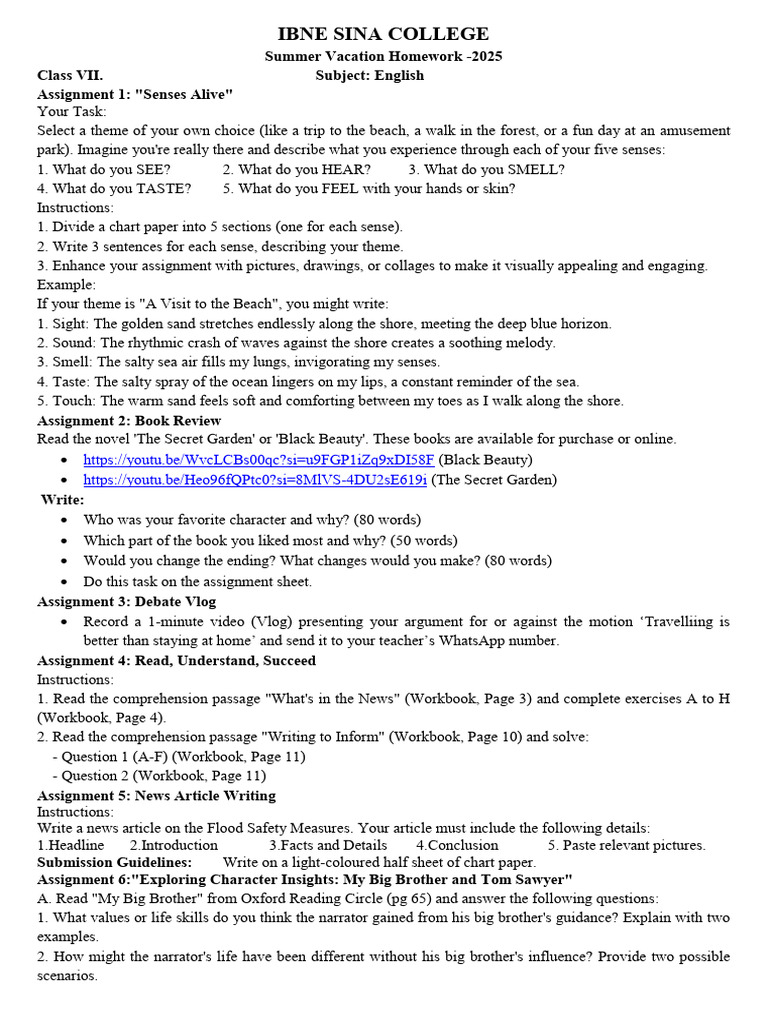 Class VII Summer Homework 2025 | PDF | River | Reading Comprehension