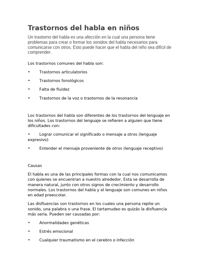Trastornos del habla en niños: causas y síntomas | PDF | Habla | Tartamudeo