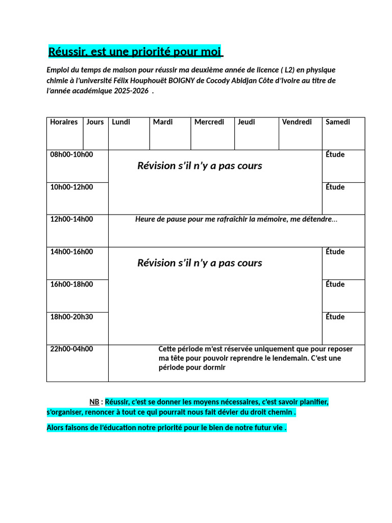 Emploi du temps pour réussir en chimie | PDF