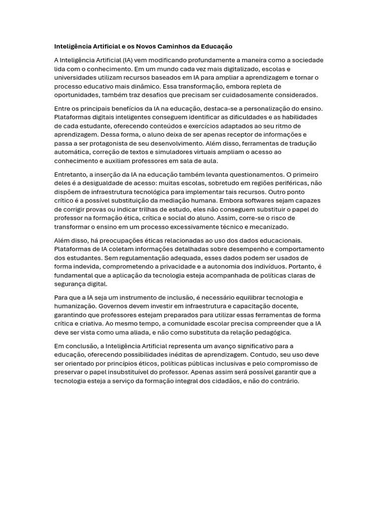 IA na Educação: Oportunidades e Desafios | PDF | Inteligência ...