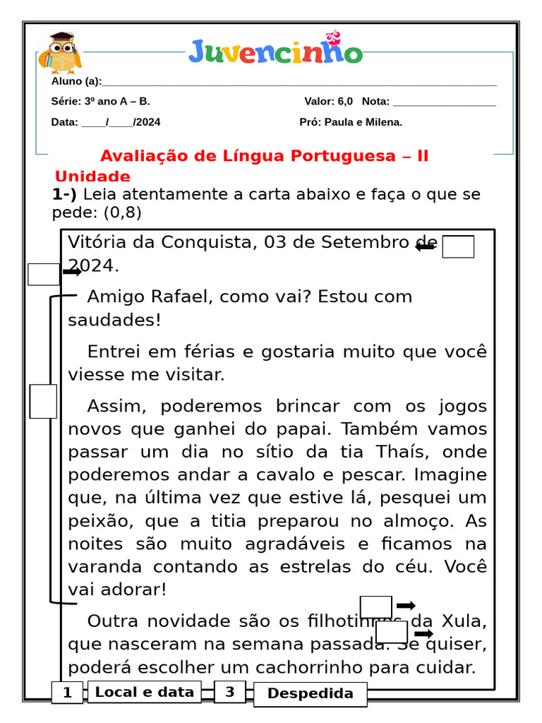 Avaliação de Língua Portuguesa 3º Ano | PDF