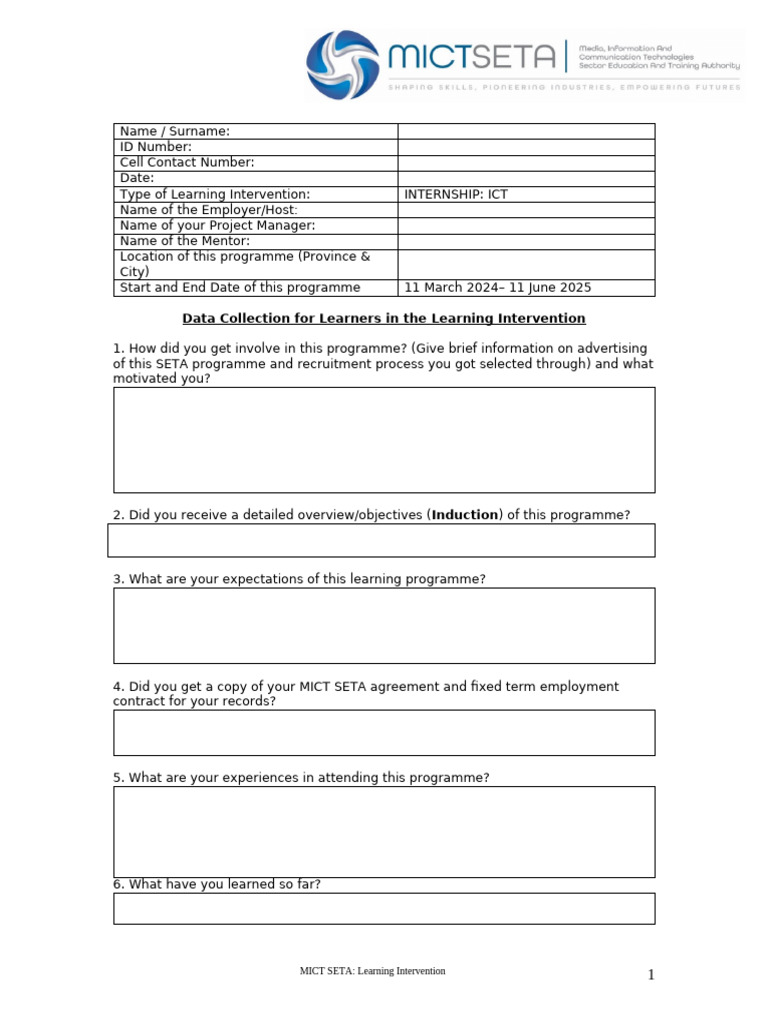 MICT SETA Internship Feedback Form | PDF