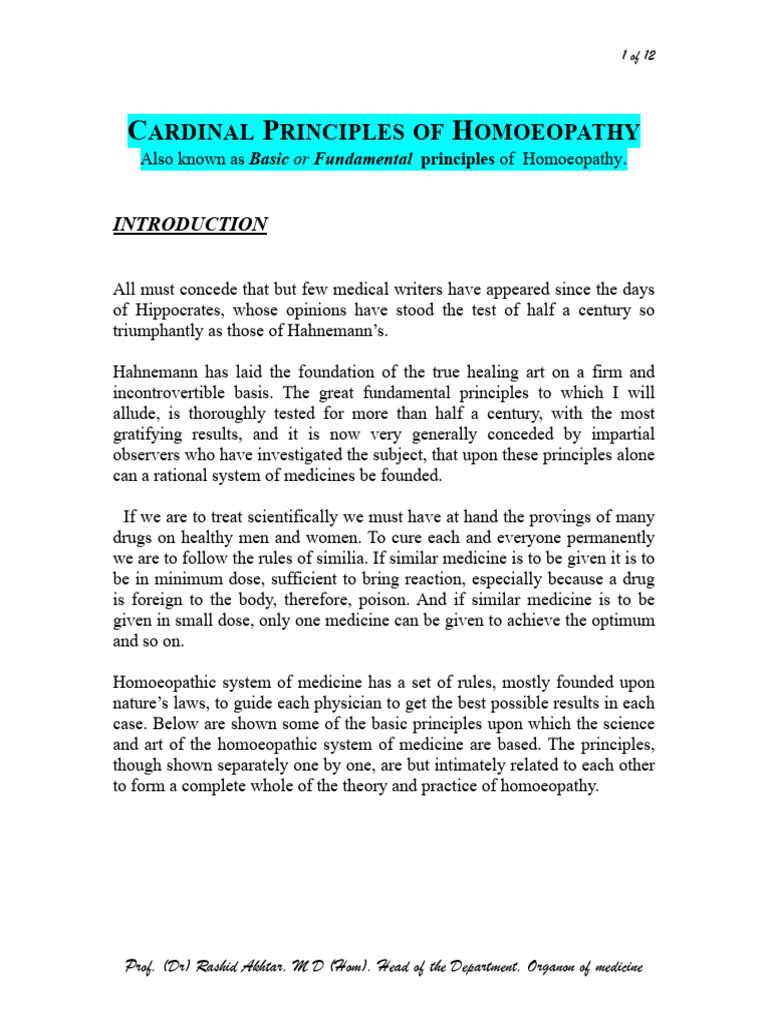 Cardinal Principles of Homoeopathy | PDF | Homeopathy | Health Care