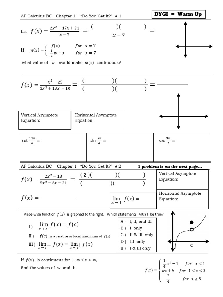 AP Calculus BC Chapter 1 Exercises | PDF | Asymptote | Mathematical ...