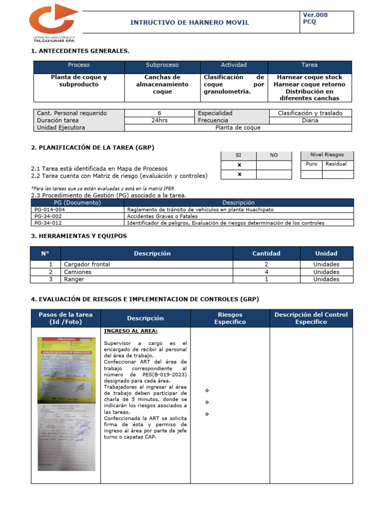 Instructivo de Harnero Móvil: Seguridad y Proceso | PDF