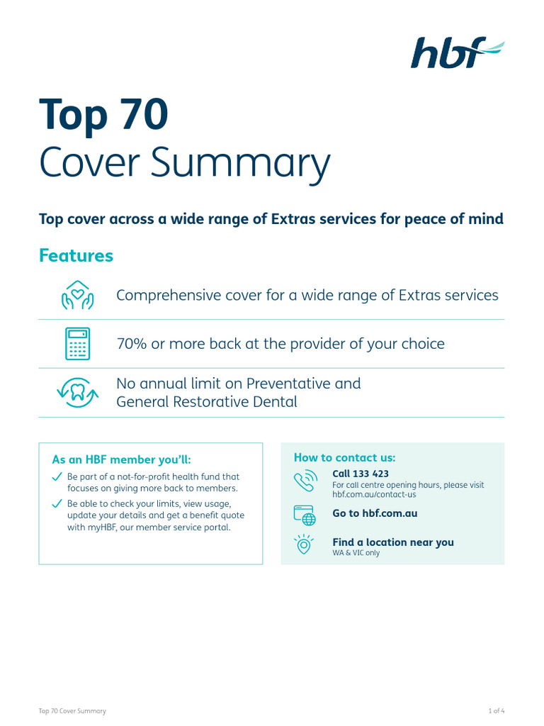 HBF Top 70 Extras Coverage Summary | PDF | Dental Implant | Massage