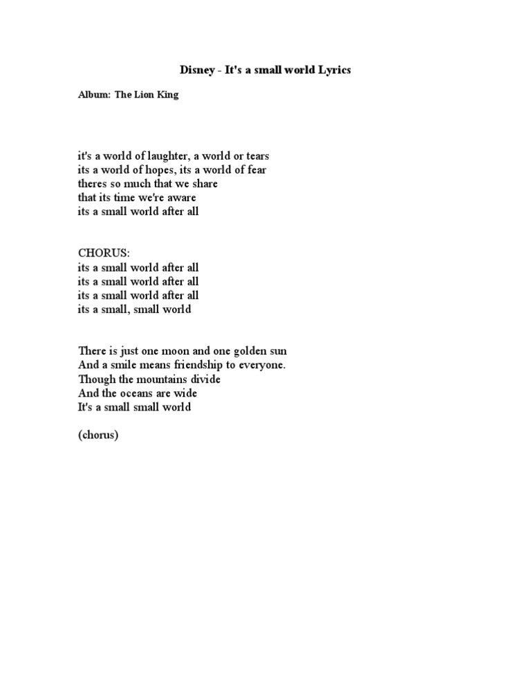 Disney - It's A Small World Lyrics: Album: The Lion King | PDF