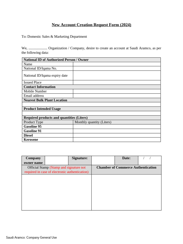 Saudi Aramco Account Creation Form 2024 | PDF