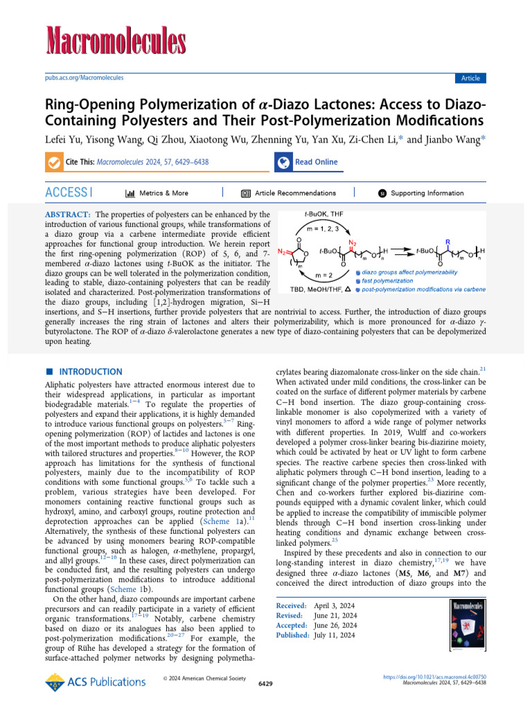 Yu Et Al 2024 Ring Opening Polymerization of α Diazo Lactones Access to ...