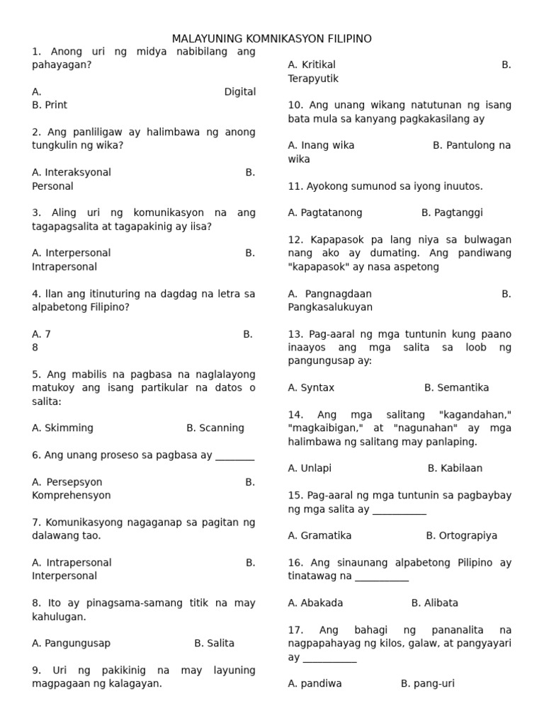 Malayuning Komunikasyon Sa Filipino | PDF