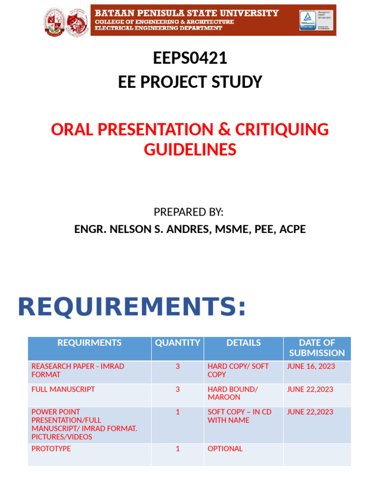 EE Project Study Presentation Guidelines | PDF