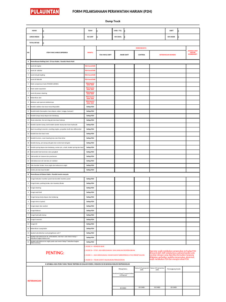 Form P2H untuk Dump Truck dan Excavator | PDF