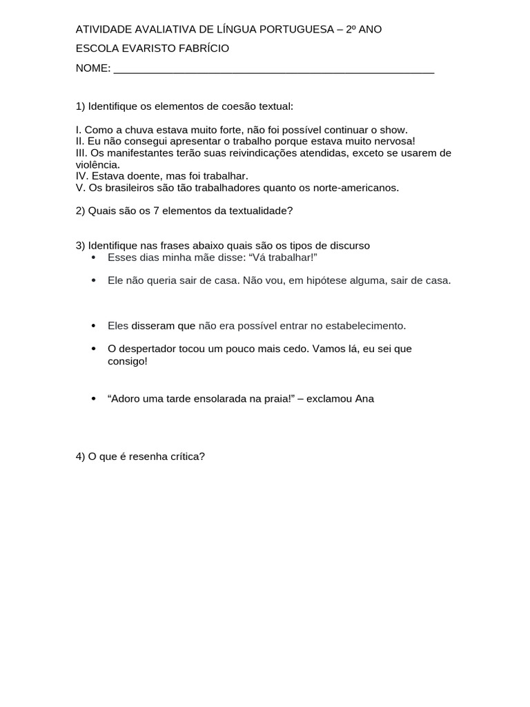 Atividade de Língua Portuguesa - 2º Ano | PDF