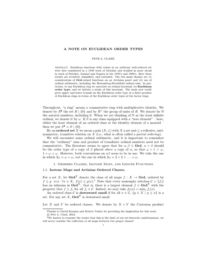 Clark - On Euclidean Order Types - 2012 | PDF | Ring (Mathematics ...