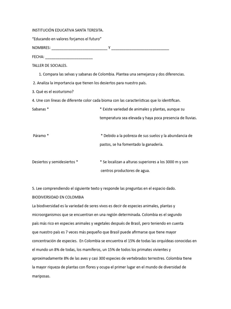 Taller de Sociales Grado 4°c | PDF | Colombia | Biodiversidad