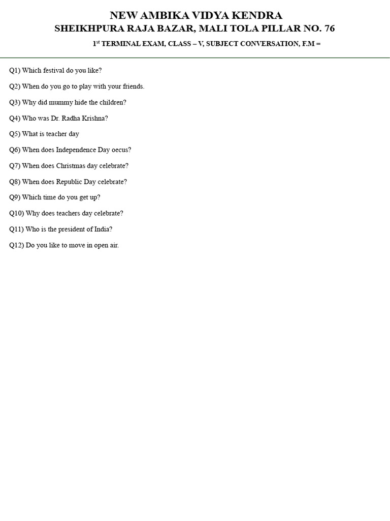 Class V Conversation Exam Questions | PDF