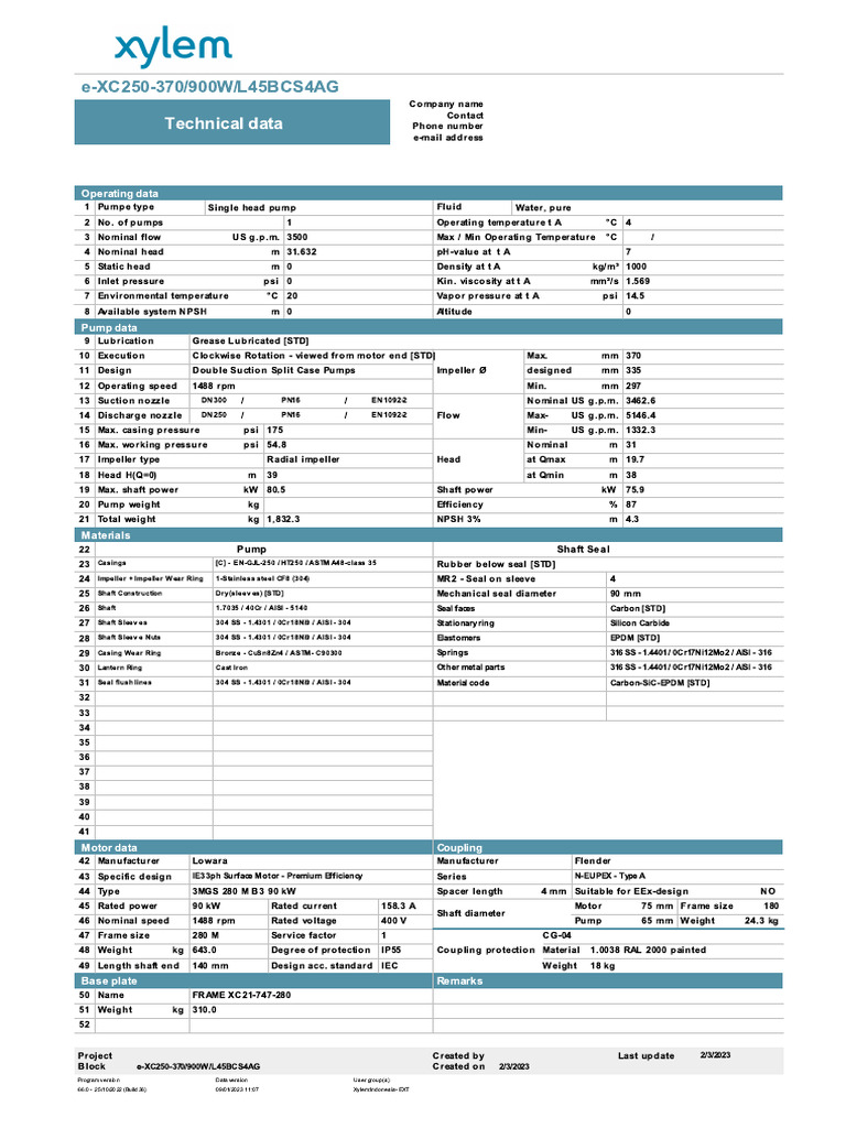 Xylem Pump Specifications and Data | PDF | Pump | Chemical Engineering