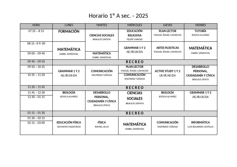 Horario Clases 1º A Secundaria 2025 | PDF