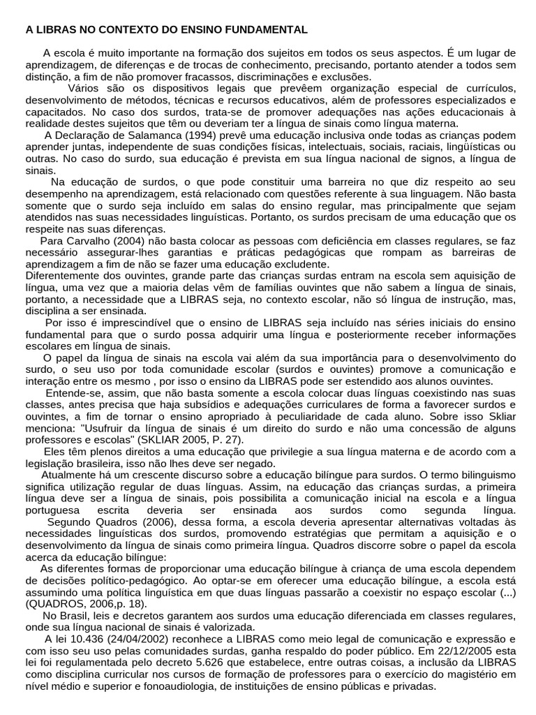 Importância da LIBRAS no Ensino Fundamental | PDF | Linguagem de sinais ...