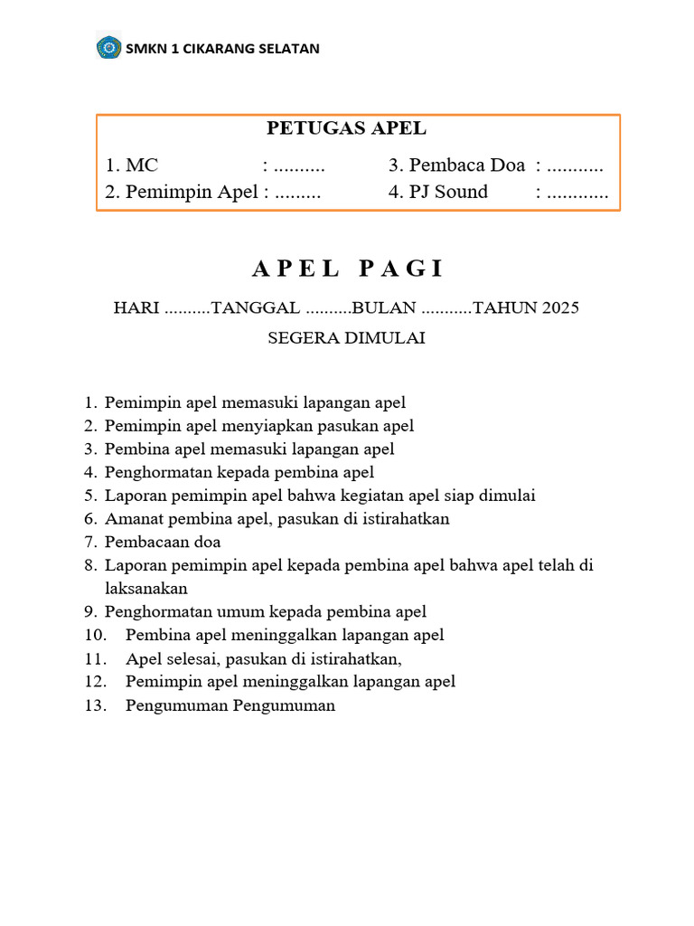 Teks MC Apel Pagi SMKN 1 Cikarang | PDF