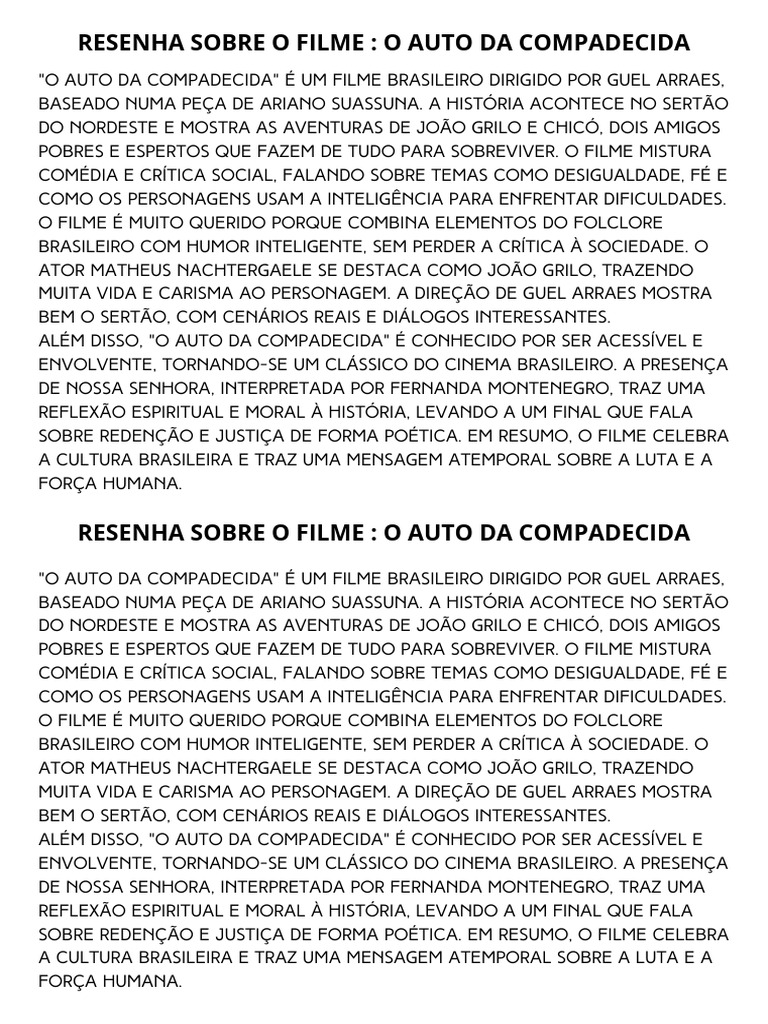 Resenha Sobre O Filme: O Auto Da Compadecida | PDF