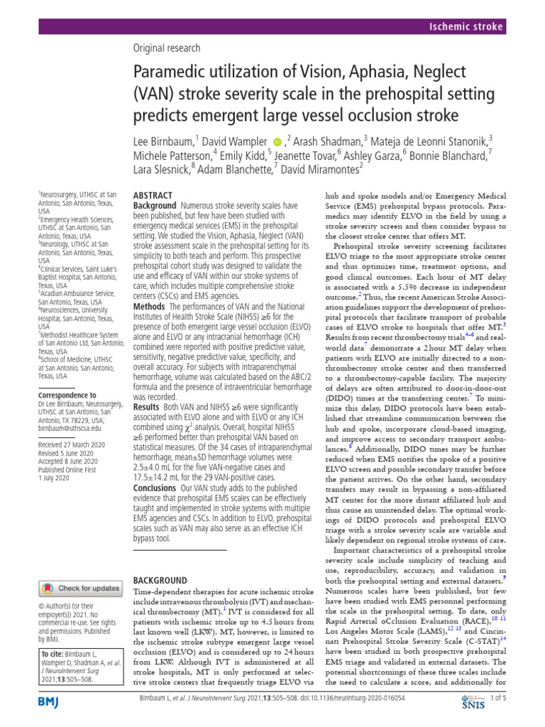 Paramedic Utilaization of Vision, Aphasia, Neglect (VAN) Stroke ...
