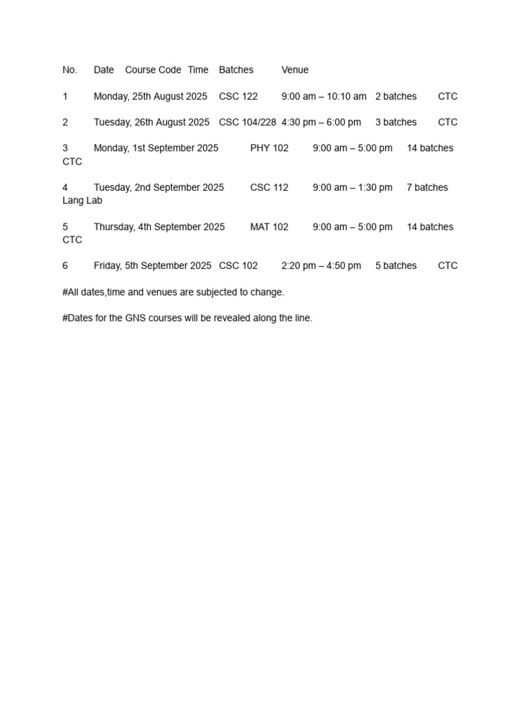 100L CSC Time Table Draft | PDF
