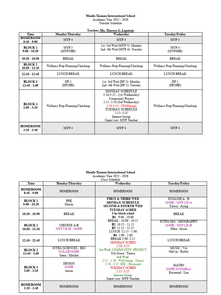 MYP 4 & 5 Teacher Schedule 2025-2026 | PDF