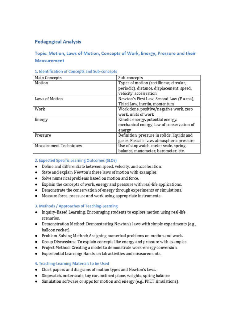 Motion, Laws of Motion, Concepts of Work, Energy, Pressure and Their ...