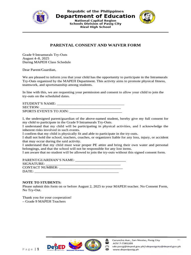 Grade 9 Intramurals Consent Form | PDF