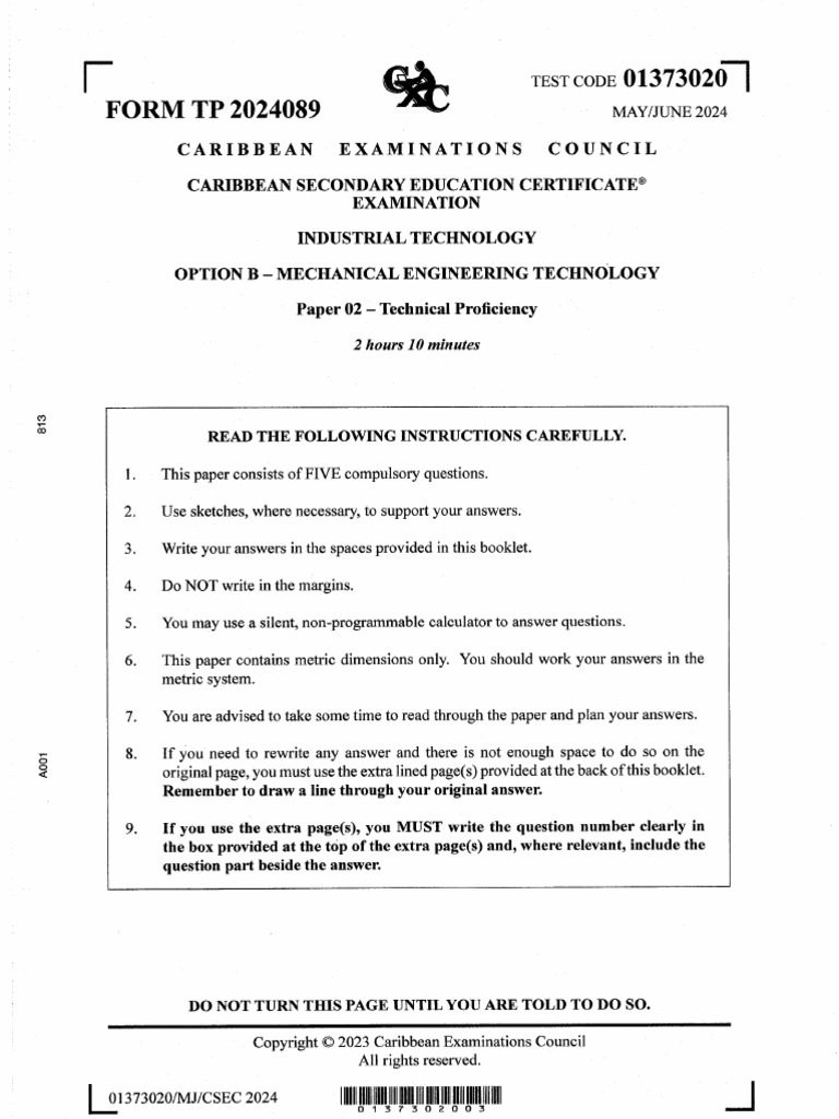CSEC Mechanical Engineering Technology June 2024 Paper 2 | PDF
