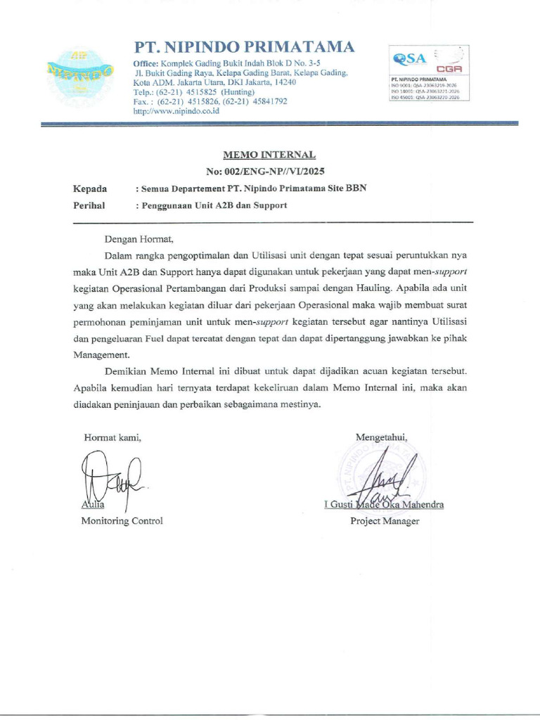 Memo Internal Penggunaan Unit A2b Dan Support Site BBN | PDF
