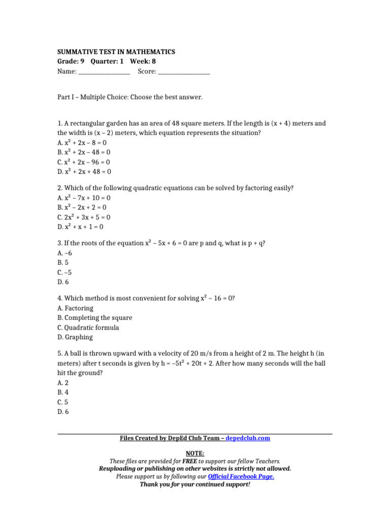 Grade 9 Mathematics Summative Test | PDF | Quadratic Equation ...