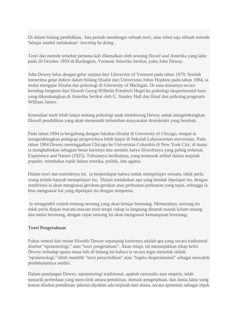 Teori Pembelajaran John Dewey: Learning by Doing | PDF
