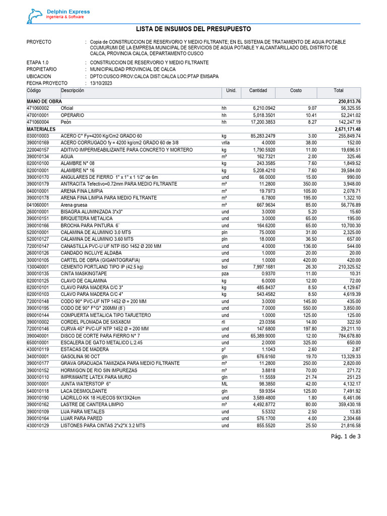 Insumos para Construcción de Reservorio | PDF