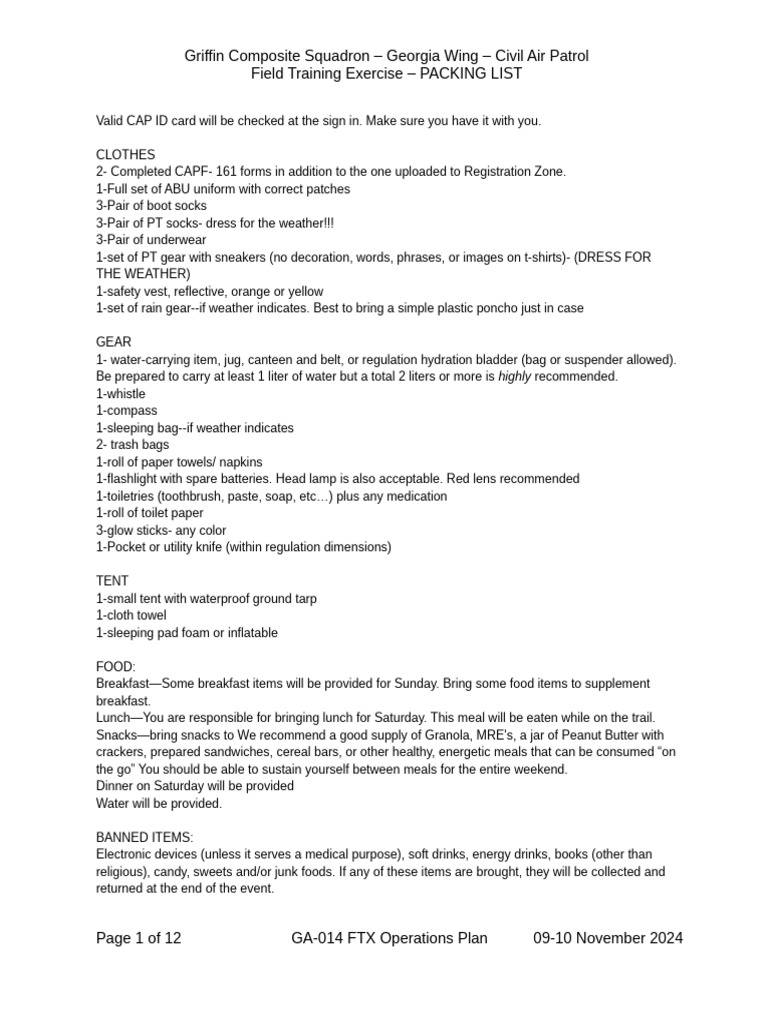 CAP Field Training Exercise Packing List | PDF