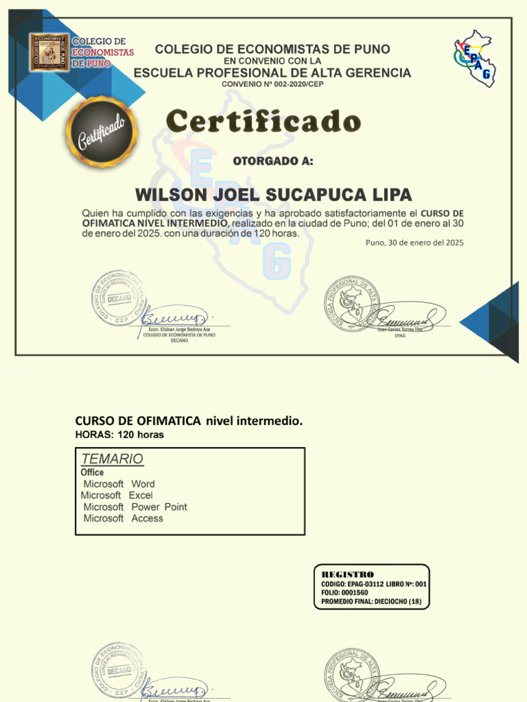 CERTIFICADO CURSO OFIMATICA Wilson | PDF