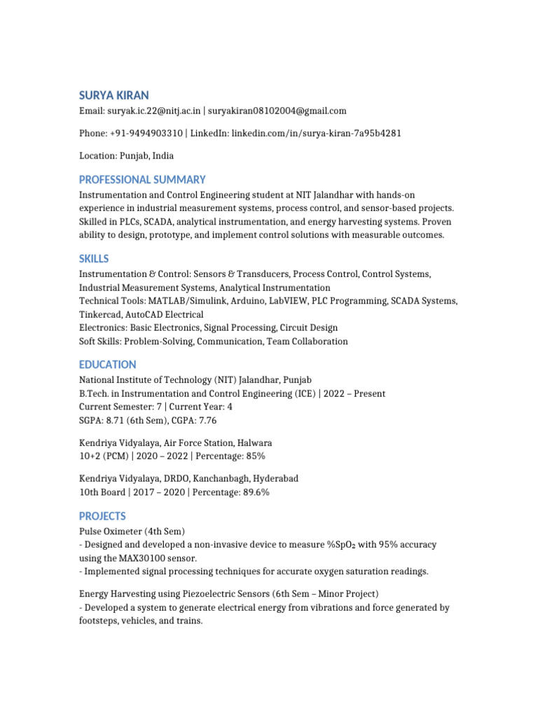 Instrumentation Engineering Student Profile | PDF | Instrumentation ...