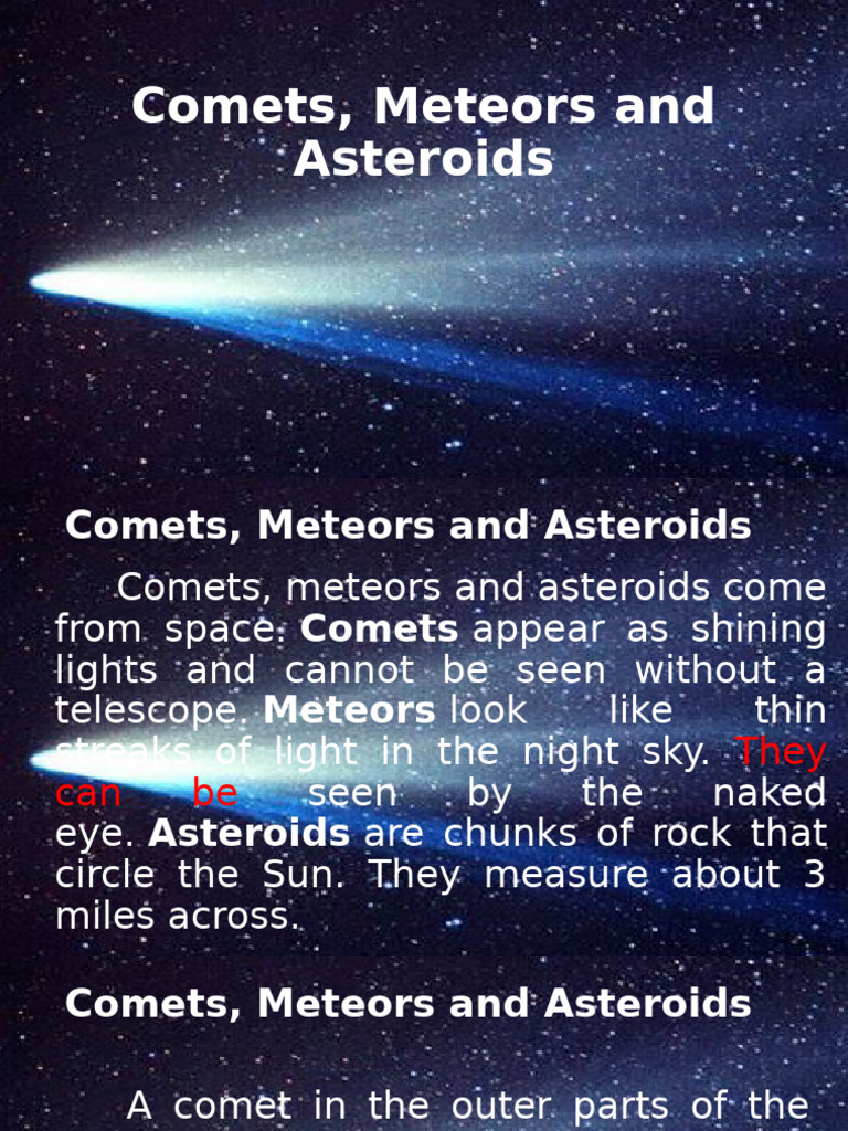 READING COMPREHENSION Comets, Meteors and Asteroids | PDF | Comet ...