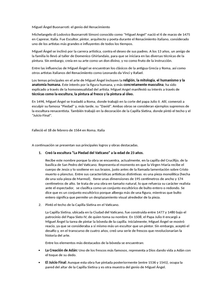 Miguel Ángel: Maestro del Renacimiento | PDF | Miguel Ángel | Renacimiento