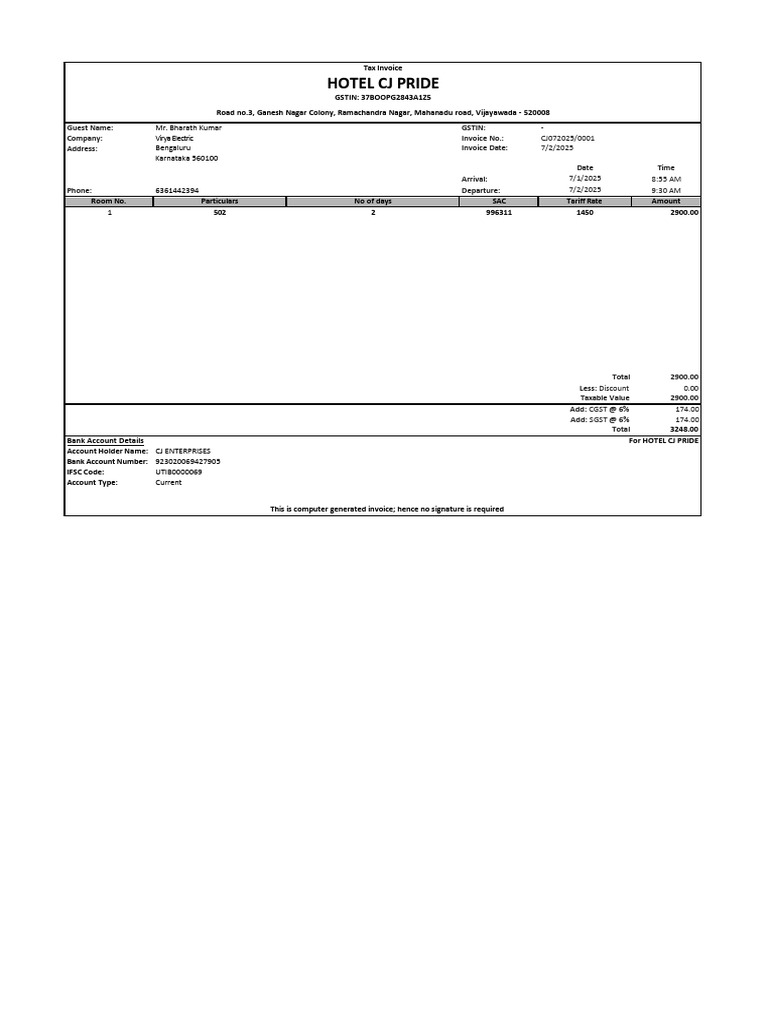 Tax Invoice for HOTEL CJ PRIDE | PDF | Economies | Government Finances