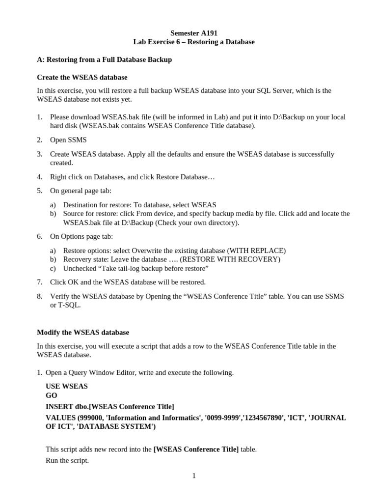 WSEAS Database Restoration Guide | PDF | Databases | Microsoft Sql Server