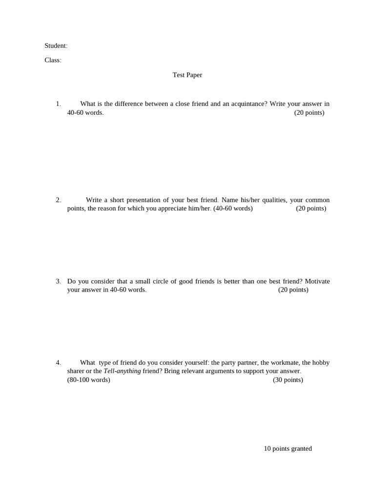 Student Test Paper on Friendship Concepts | PDF