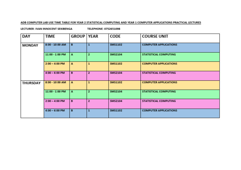 Adb Computer Lab Use Time Table For Year 2 Statistical Computing and ...