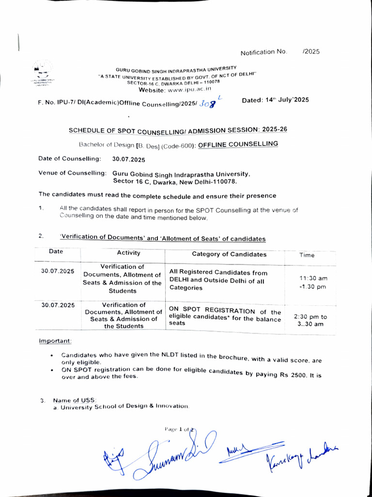GGSIPU B.Des Spot Counselling 2025-26 | PDF | Government