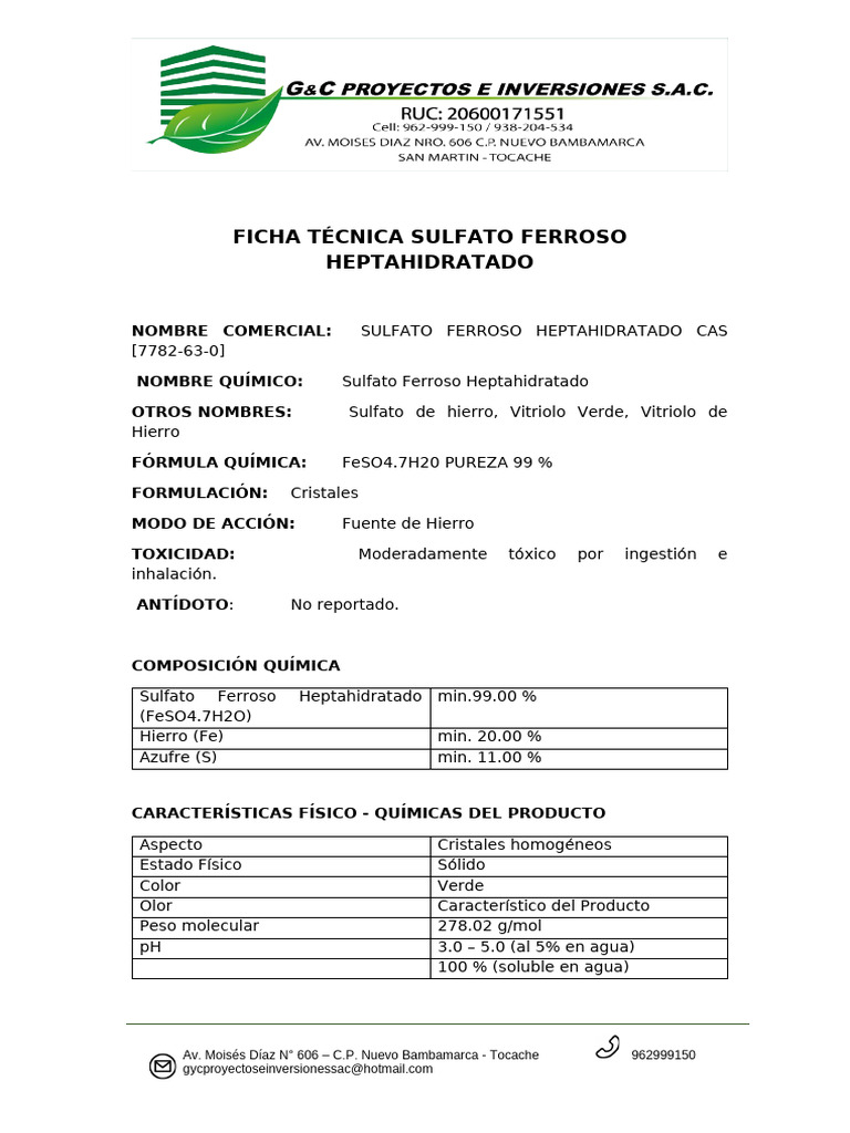 Ficha Técnica del Sulfato Ferroso | PDF